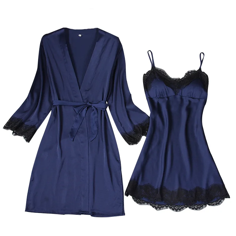 

Feminine Long-Sleeved Suspender Nightdress Female Summer Ice Silk Nightgown Two-Piece Home Service Bathrobe Lounge Negligee