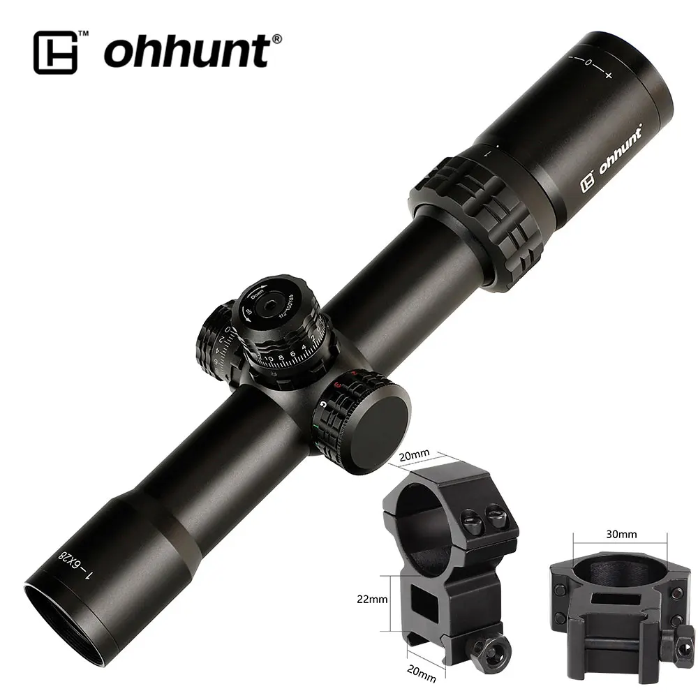 Охота ohhunt тонкий край 1-6X28 ИК оптические прицелы Mil точка стекло травление сетка RGB Освещение турели замок сброс съемки область - Цвет: High Picatinny Rings