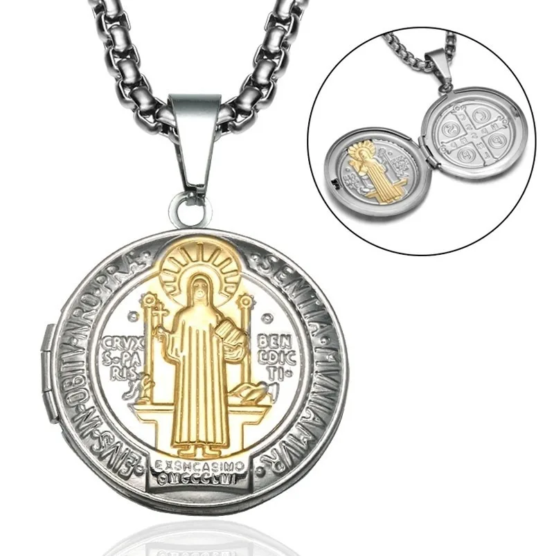 

Classic Religious Style Catholic Saint St Benedict Medal Pendant Necklace Creative Design Men's Metal Photo Frame Jewelry