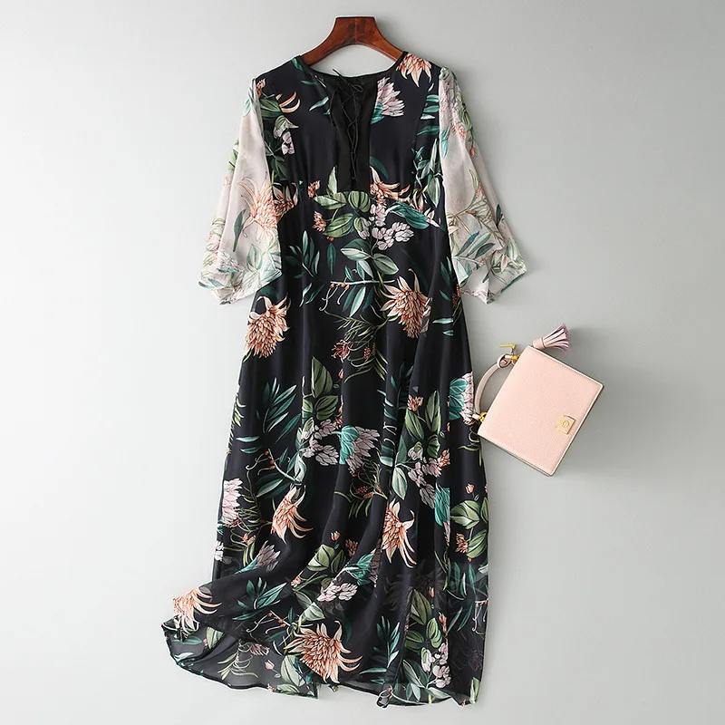 Женское винтажное платье из натурального шелка длинное вечернее с цветочным