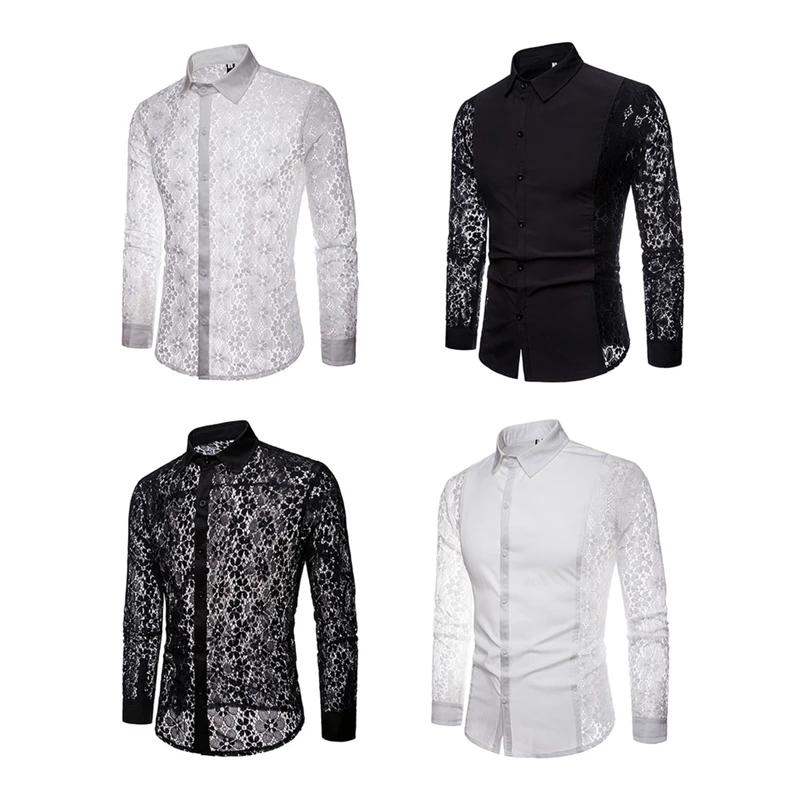 

Рубашка мужская кружевная с длинным рукавом, люксовая Модная стильная повседневная ажурная блузка в стиле пэчворк, элегантный топ, на осень