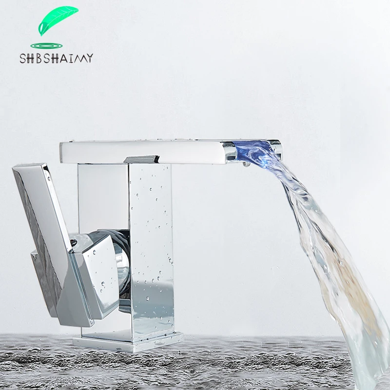 

SHBSHAIMY LED Faucet Kitchen Bathroom Mixer Tap Deck Mounted Wash Sink Glass Taps Waterfall Temperature Colors