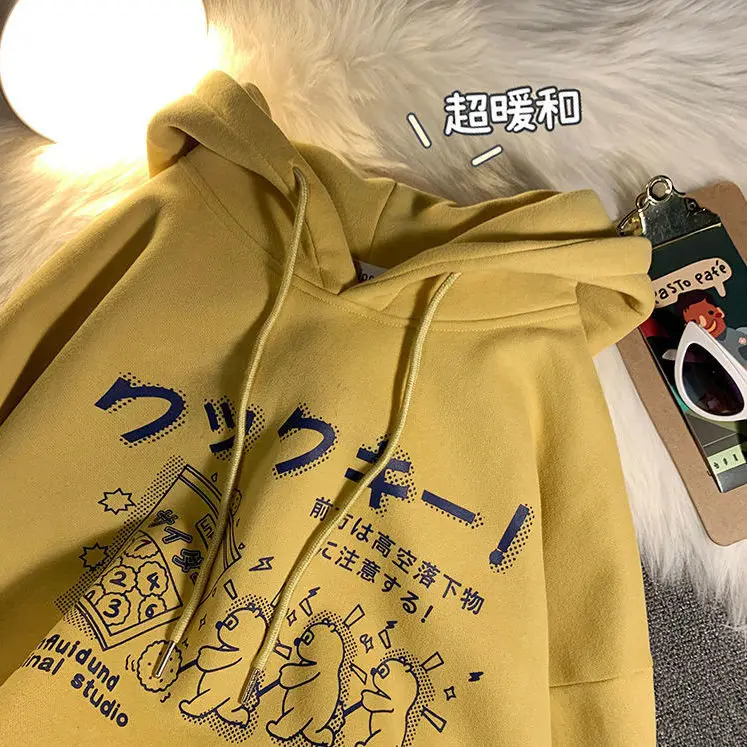 

DE Autumn Hoodies Sweatshirts Women Printing Plus Velvet Pullovers Womens Japanese Style Loose Fashion Hooded Pocket Korean