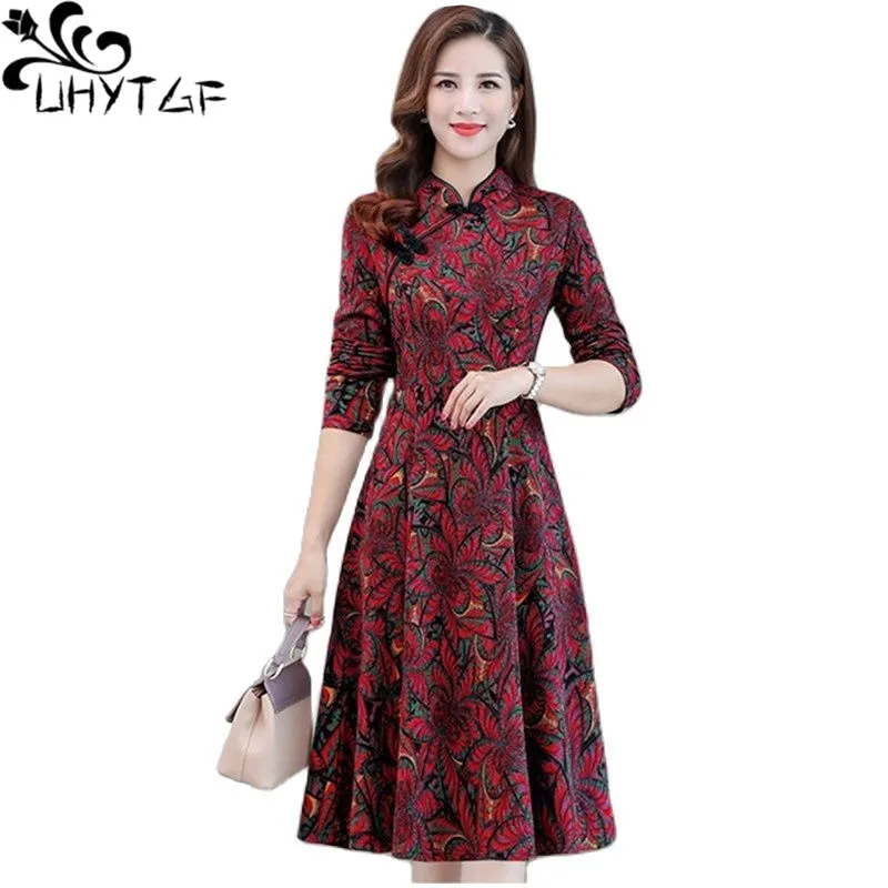 

UHYTGF Middle-Aged Spring Autumn Dress Women Long Sleeve Printed Vintage Dress Women Green Casual Loose Size Dresses Vestidos 13