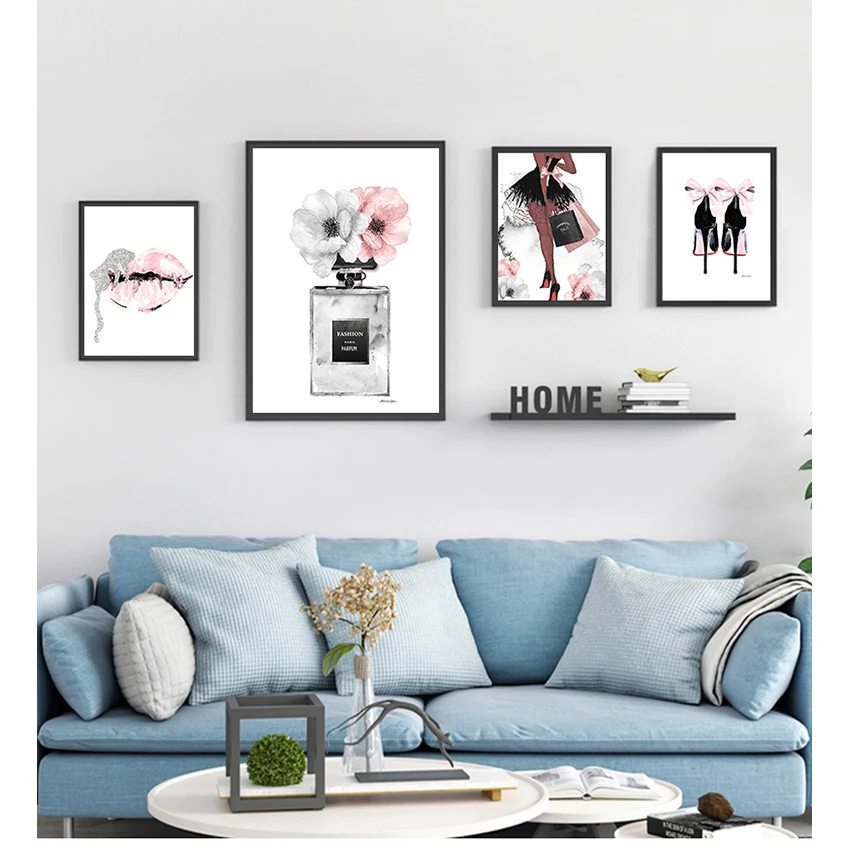 

Женские картины для гостиной, Современное украшение, модное настенное искусство, постер с духами и губами, Картина на холсте на высоких кабл...