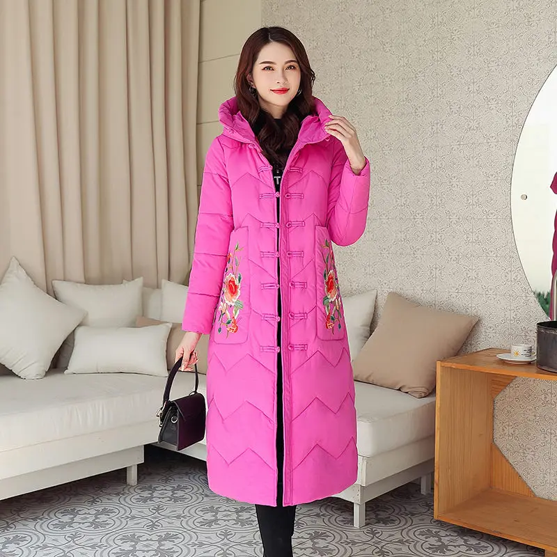2022 Winter Coats New Retro Printed Cotton-padded Jacket  Women's Clothing Winter Disc Button Hooded Long Parka e376