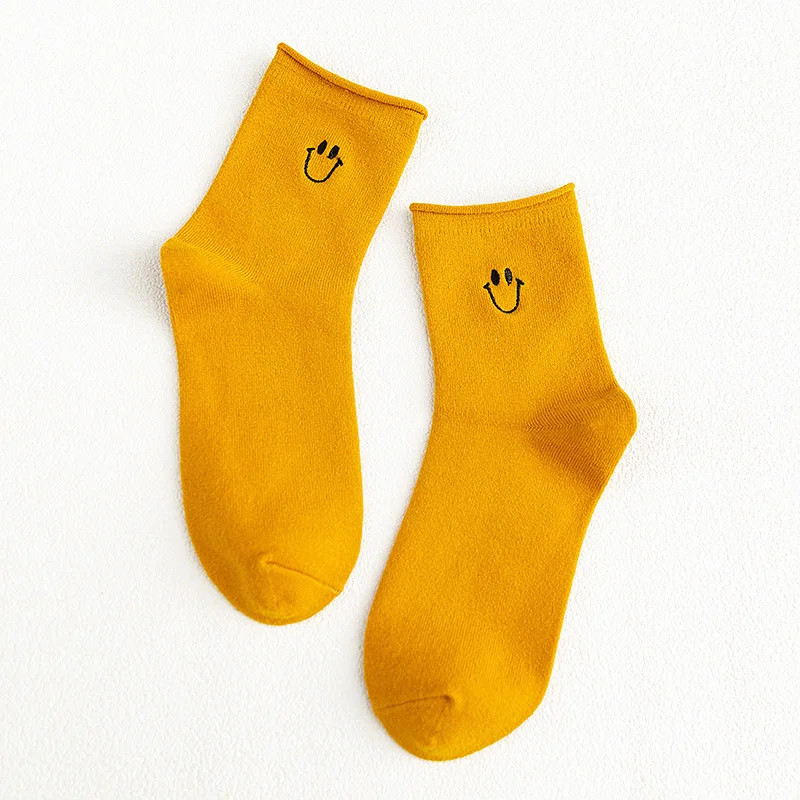 Женские носки однотонные хлопковые с мультяшным улыбающимся лицом|Носки| |