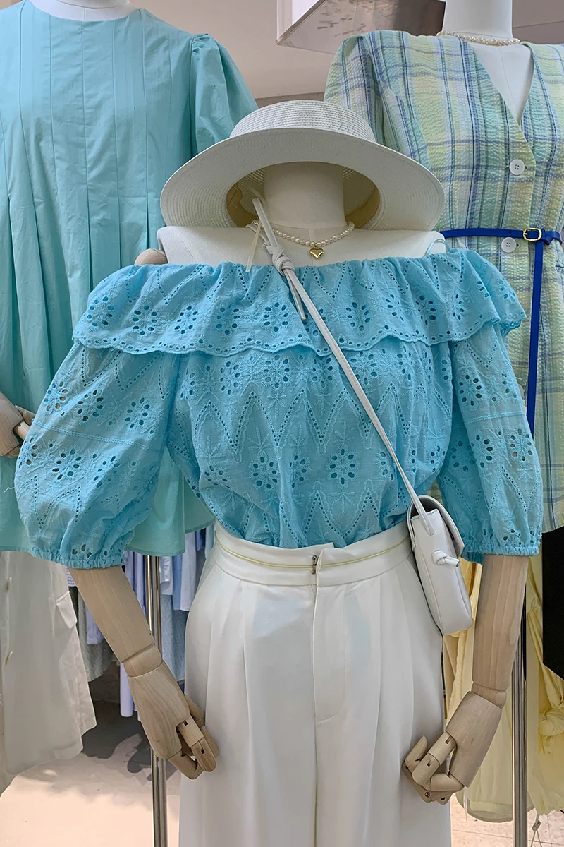 

Summer Clothing Solid Color Ruffles Slash Neck Off-Shoulder Shirt Women Backless Hollow Embroidered Short Sleeve Lace Blouse