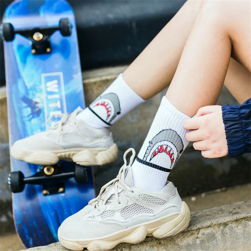 

Unisex Socks Men Women Cartoon Socks Shark Hip Hop Streetwear Socks Male Hiphop Street Sport Skateboard Black White Female Socks