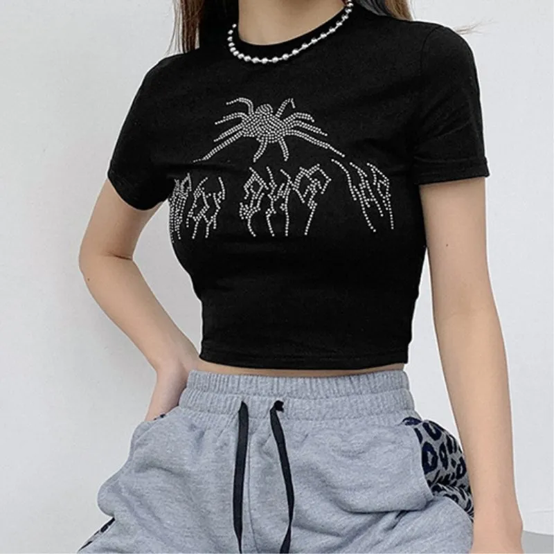 

Punk Vintage Shiny Rhinestone Spider Graphic Black T-shirts Y2K Summer Short-Sleeve Crop Tops Navel Aesthetics Club Streetwear