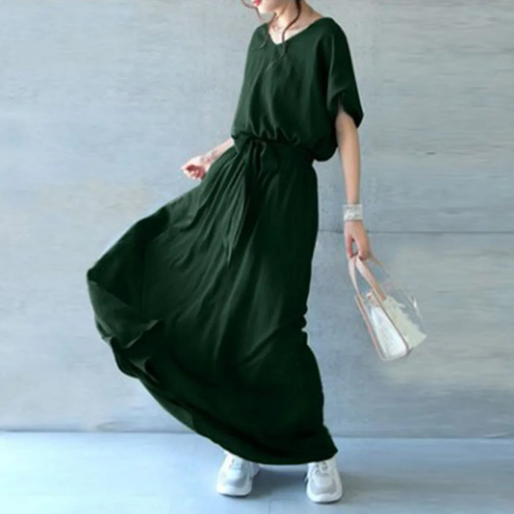 

2021 Japanese Style Korean Fashion V-neck Waistband Solid Color Loose Casual Summer Summer Simplicity Popular Women's Dress