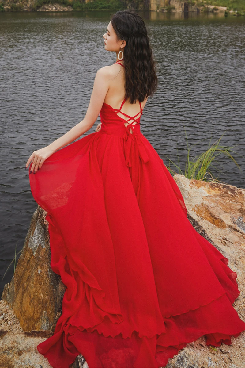 

Red skirt super slim irregular tuxedo cross backless bandage sexy dress long skirt