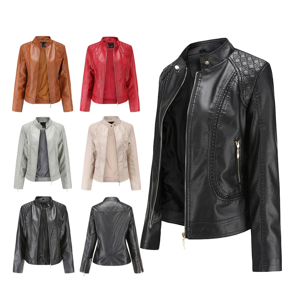 Ladies Faux Leather Jacket Women Zipper Motor Biker Pu Leather Jacket Coat Stand Collar Grey Brown Khaki Red big Size Outwear
