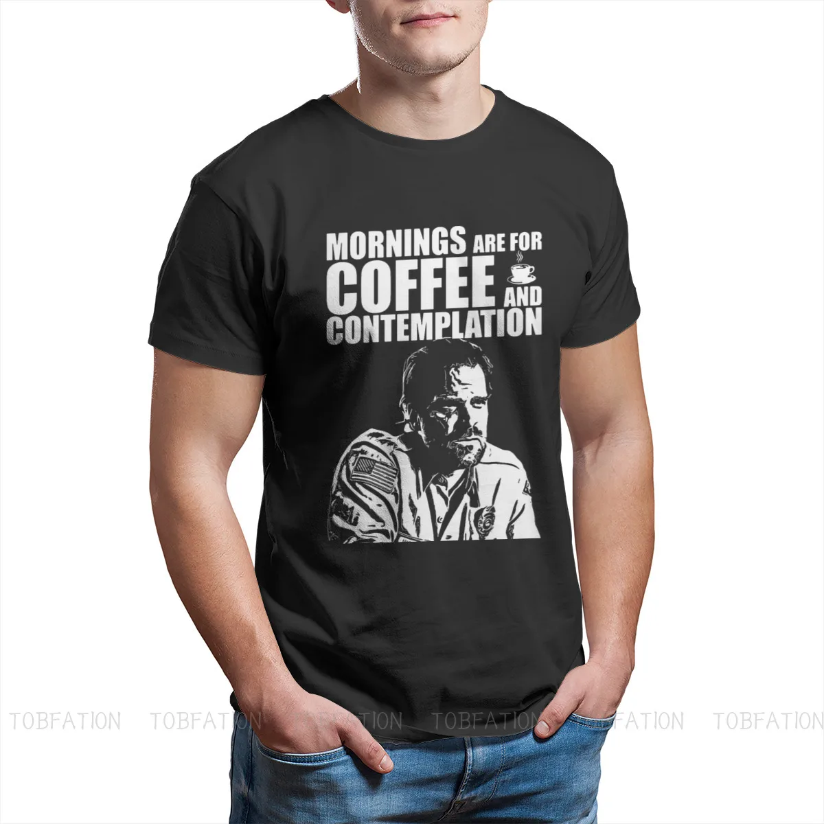 

Stranger Things Joyce Jim Mike Eleven Man TShirt Jim Hopper Mornings Coffee Contemplation T Shirt Harajuku Streetwear