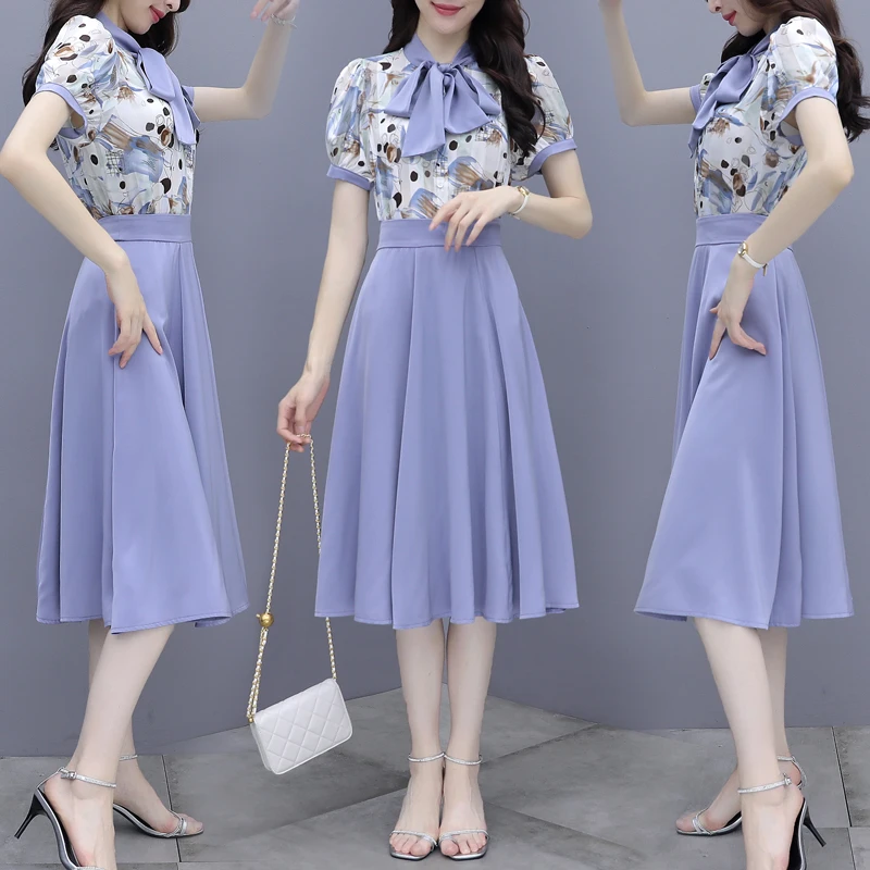 

Elegant Bow Print Crop Top And Skirt Two-Piece Set Women Short Sleeves Blouse Sexy High Waist Midi Skirts 2021 Suit