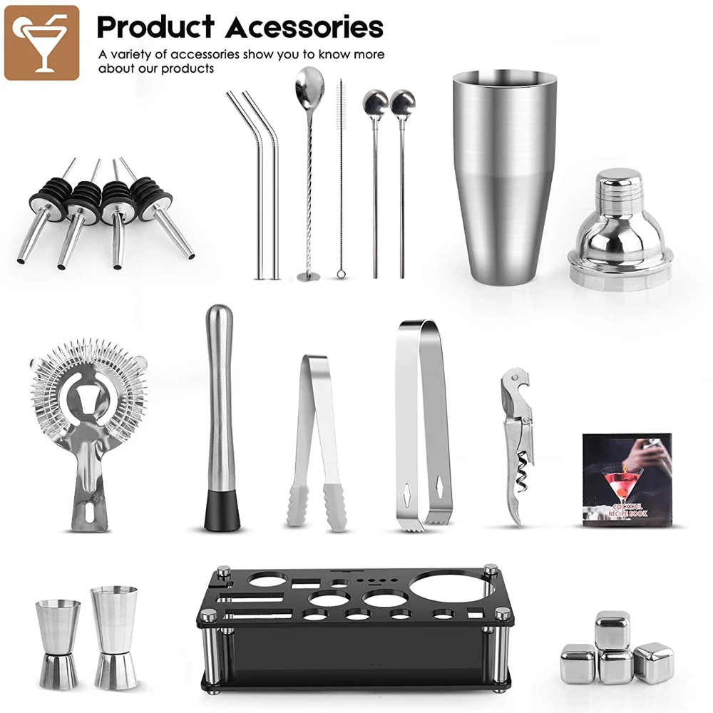 Kit de barman, juego de coctelera Boston con soporte acr&iacute;lico, cubo de hielo de acero inoxidable, para bebidas mezcladas, juego de herramientas de Martini Bar-1
