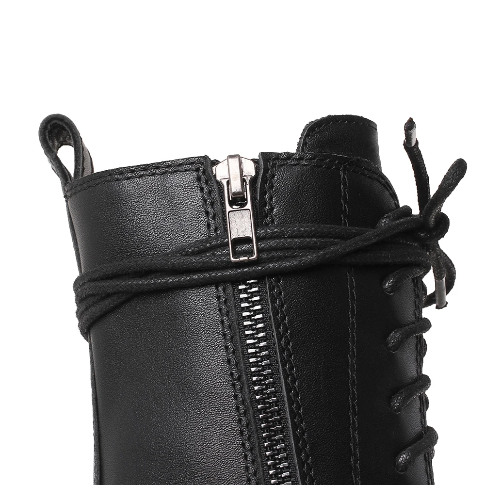 Jual Baru Kulit Asli Wanita Chunky Heels Sepatu Semata Kaki Pasang Kaos Mujer Lace-Up Wanita Pendek Booties Ritsleting Sisi Sepatu Bot Koboi Sepeda Motor