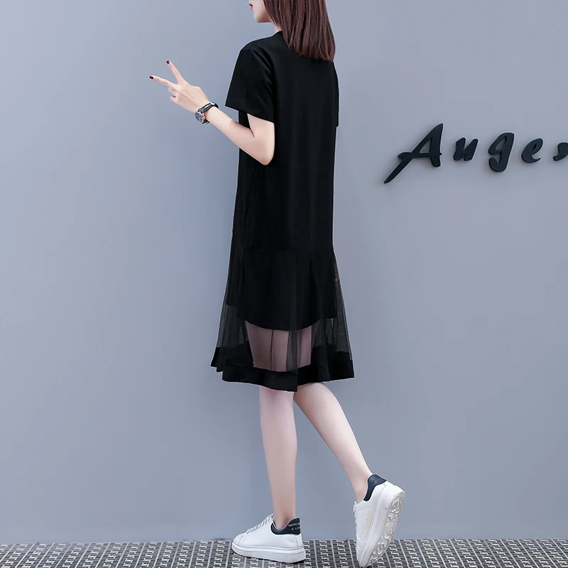 

MissLymi M-4XL Plus Size Women Print T Shirt Dresses Black Summer 2021 Korean Fashion Casual Loose Mesh Pattchwork Female Dress
