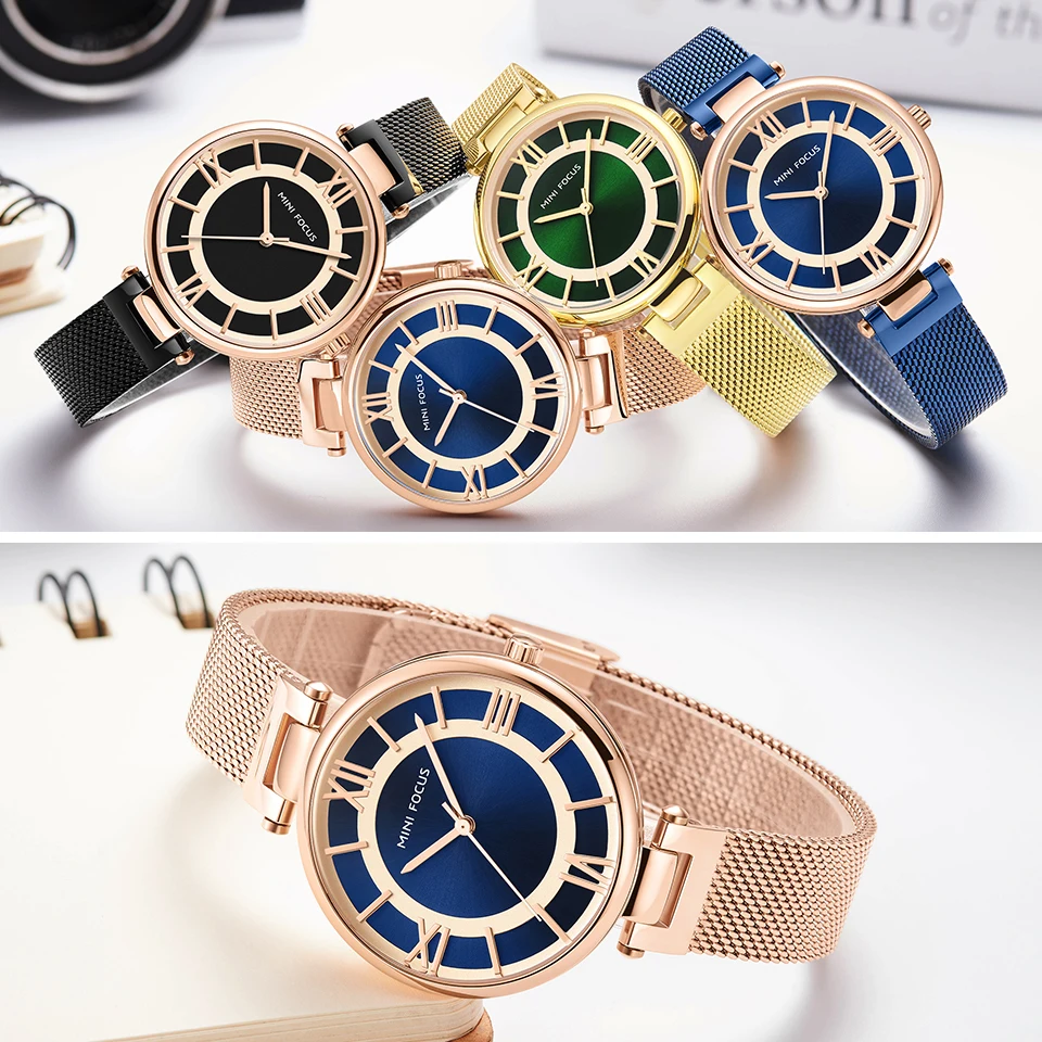 MINIFOCUS Элитный бренд Золотые женские часы Водонепроницаемый ультра тонкие