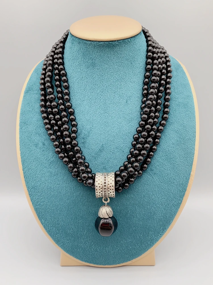 

5 Strands Of 6mm Black Onyx Pendant Necklace With Knots Trendy Jewelry For Women and Girls Gifts 19 Inch
