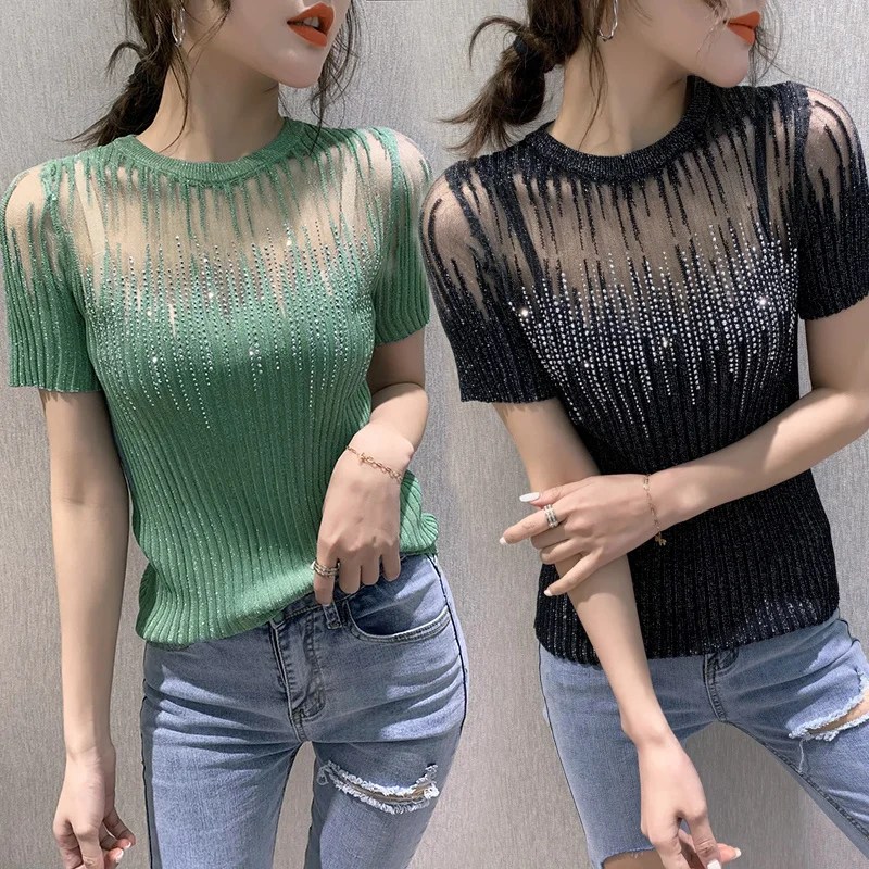 Блузка женская трикотажная прозрачная с бриллиантами коротким рукавом в