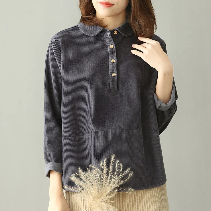 Autumn Winter Women Corduroy Shirts Button Peter Pan Collar Long Sleeve All-Match Solid Color Tops Blouses Female Sleeved | Женская