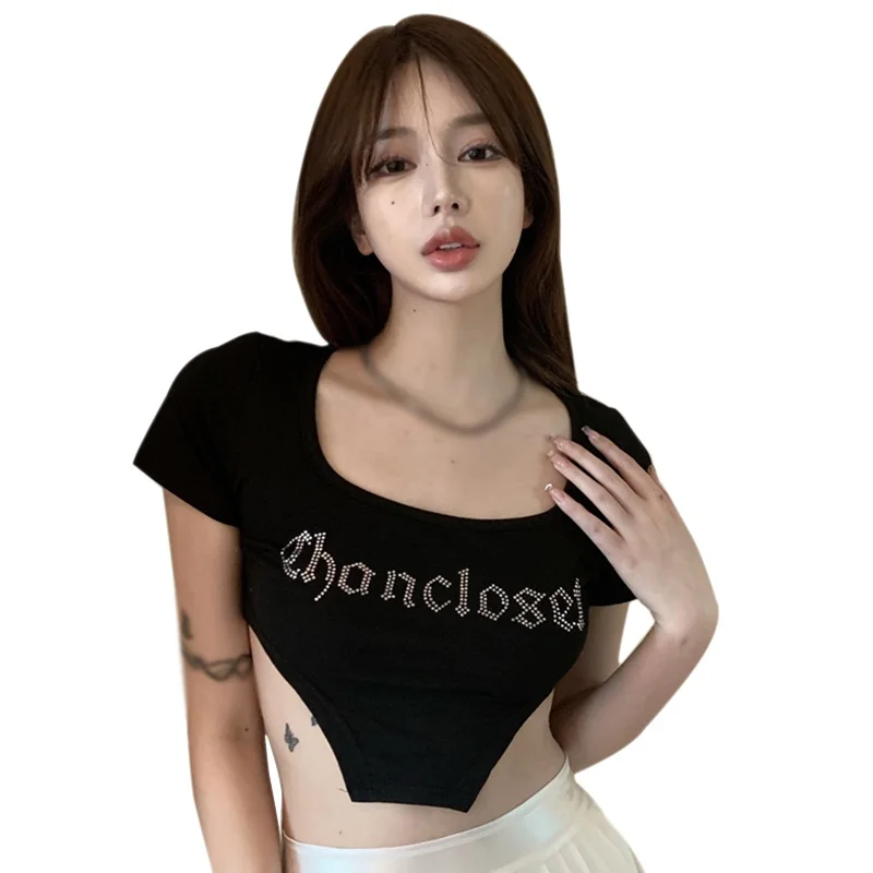 

Женские Новые приталенные топы с квадратным вырезом, удобная повседневная футболка с открытым пупком и коротким рукавом, топы