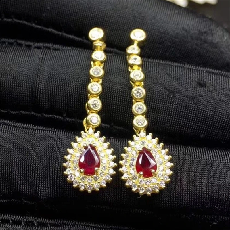 

Fashion ruby earrings for party 3 mm *5 mm natural blood red ruby long earrings solid 925 silver ruby jewelry for woman