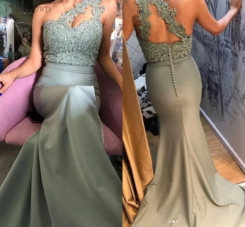 

YiMinpwp One Shoulder Mermaid Prom Dresses Sweep Train Appliques Beads Long Formal Women Evening Party Gowns vestidos de fiesta