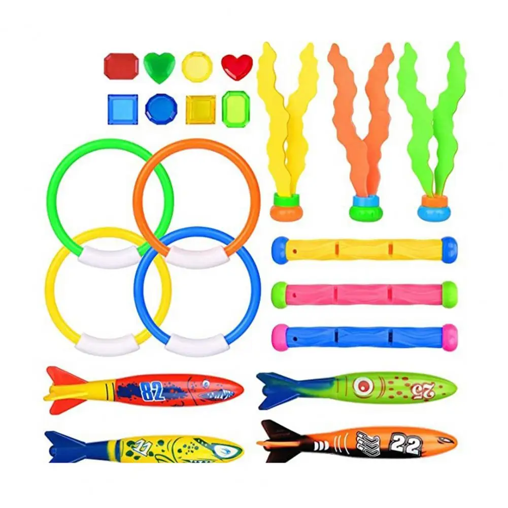 

22Pcs/Set Diving Toys ABS Fish Ring Torpedos Fake Waterweed&Gems Swimming Pool Toys Set for Beach Water Games Training