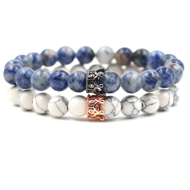 

2 Pcs/set Trendy 8mm 17 color Stone Beads Bracelet Pave CZ Flower crown Bracelets for Women&Men Noble Jewelry Pulseras Gift