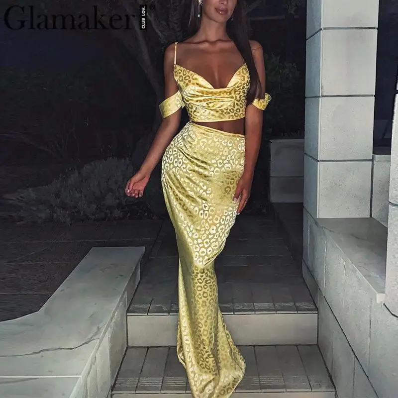 Женское леопардовое длинное платье Glamaker пикантное желтое облегающее