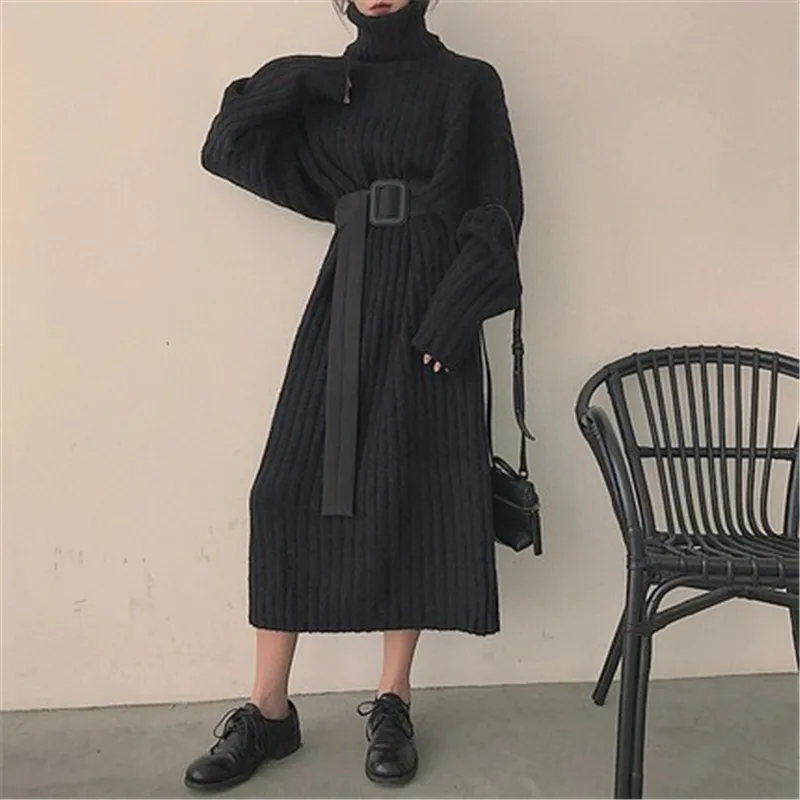 

Женское длинное вязаное платье-свитер, свободное толстое платье средней длины с высоким воротом, черного цвета, M844, Осень-зима 2022