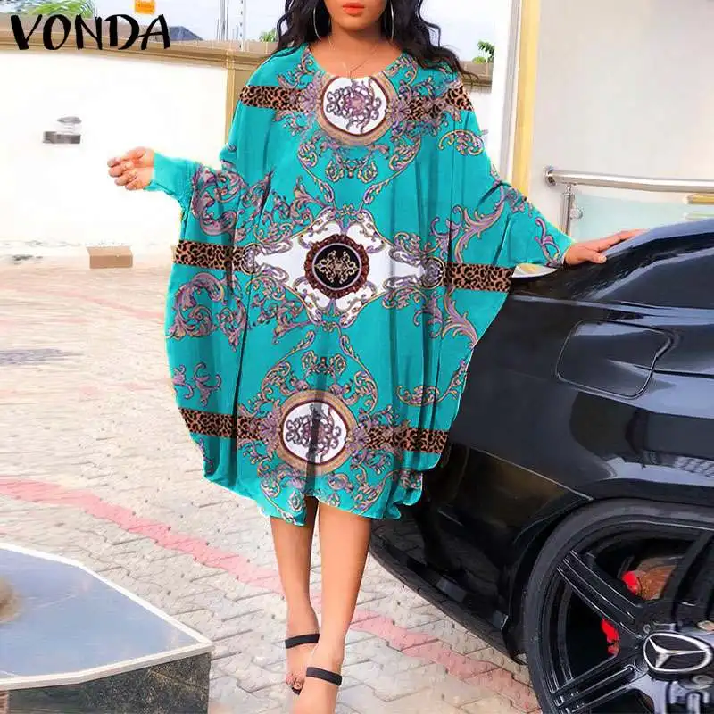 

Женское платье VONDA 2022, Осеннее винтажное платье с длинным рукавом и принтом, богемное повседневное свободное праздничное платье, женское пл...