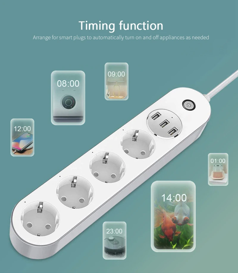 Сетевой фильтр AUBESS Tuya WiFipower Strip европейского стандарта с 4 вилками 3 USB-порта для