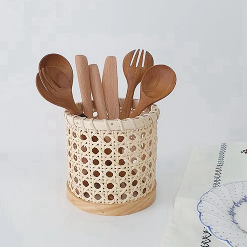 

3 Pcs Rattan Chopsticks Storage Handmade Spoon Organizer Holder Pen Pencils