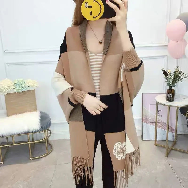 

New Autumn Winter Women Plaid Knitted Wool Cape Shawl Custom Embroidery Fringe Adult Shawl Wraps Poncho Sweater With Sleeves