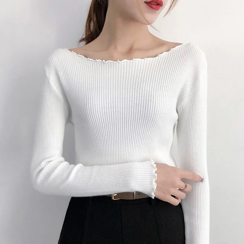 Autumn Winter Sweaters For Women knitwear Crew Neck Pullover Wooden Ear Bottoming Sweater Long Sleeve Top White Clothes | Женская одежда