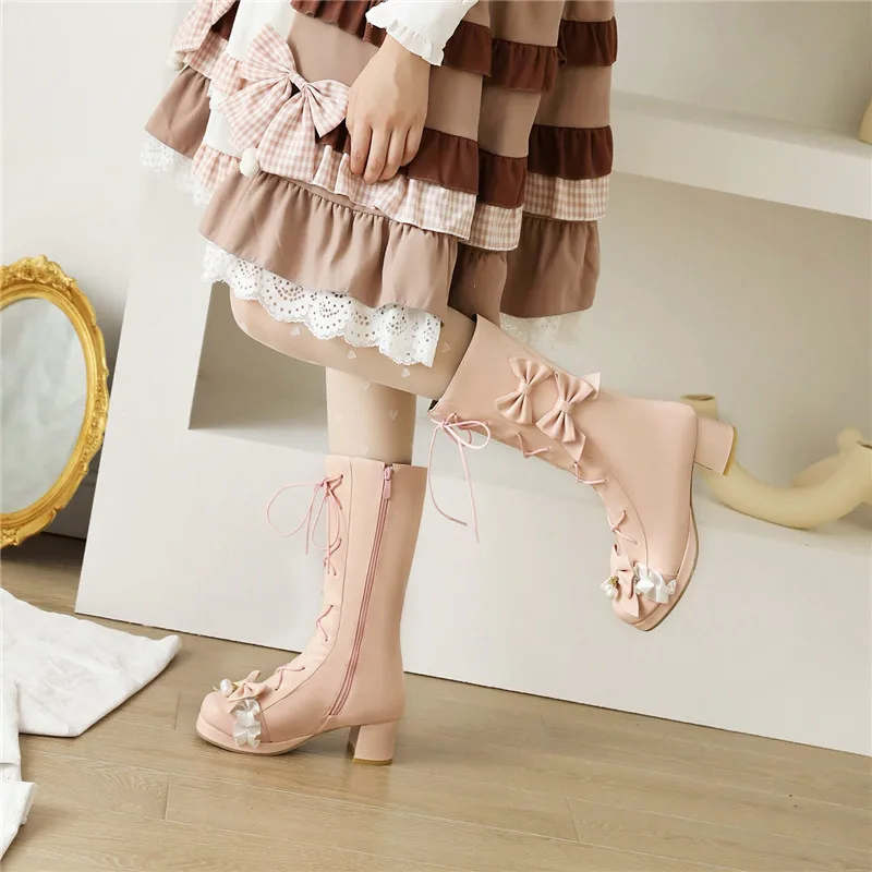 

YQBTDL Row of Bows Mid-calf Lolita Style Boots for Ladies Pear Ruffles Side Zipper Sweet Princess Botas Party Wedding Shoes 2021