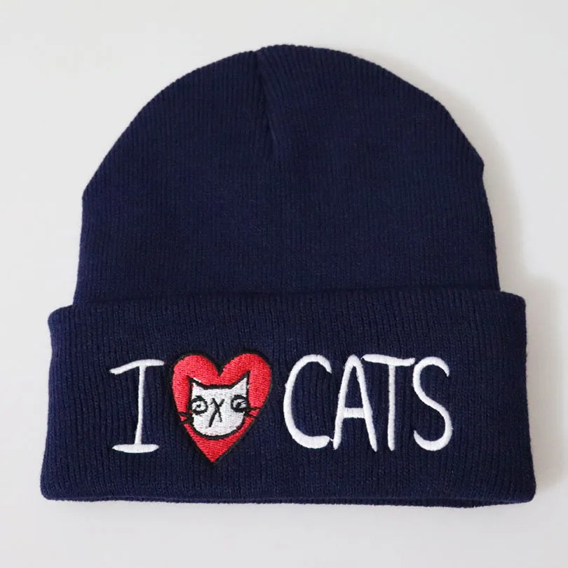 Navy Blue Cat Шапки в стиле хип-хоп с вышитым рисунком Луны и солнца, женские вязаные шапки унисекс, вязаные шапки для осенне-зимнего сезона, Повседневная теплая шапка для девочек - Цвет: Navy Blue Cat