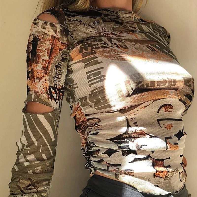 

Gothic Street Tee Fashion Women Vintage Punk Y2K Hollow Out Crop Tops shirt Casual Basic Tees Female Summer Long Sleeve Top