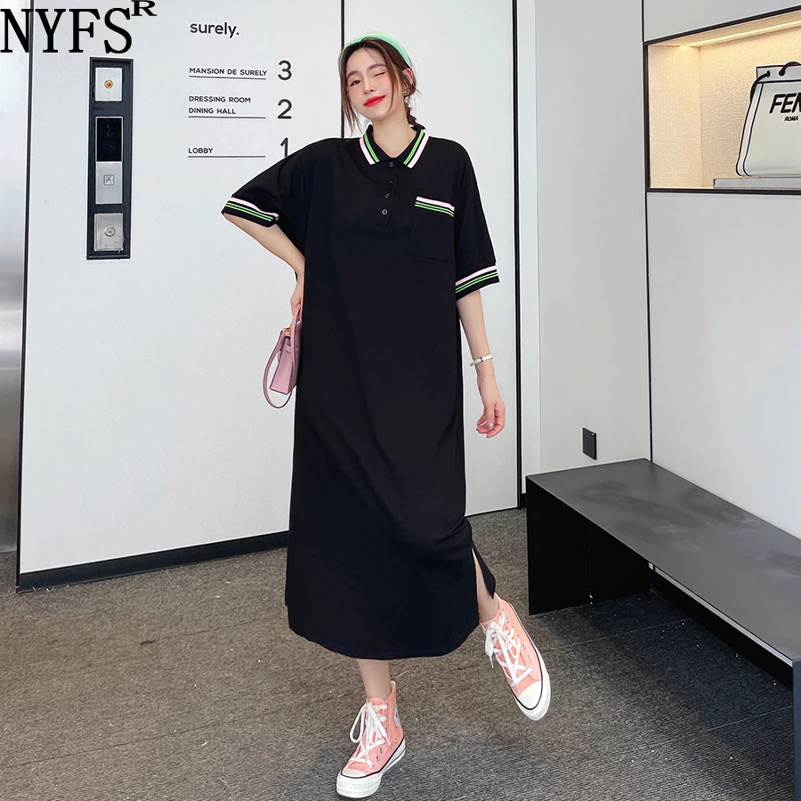 

NYFS 2022 New Summer Dress Korea Loose Color Rowan POLO Collar Woman Dress Vestidos Robe Elbise Fashion Short Sleeve Long Dresse
