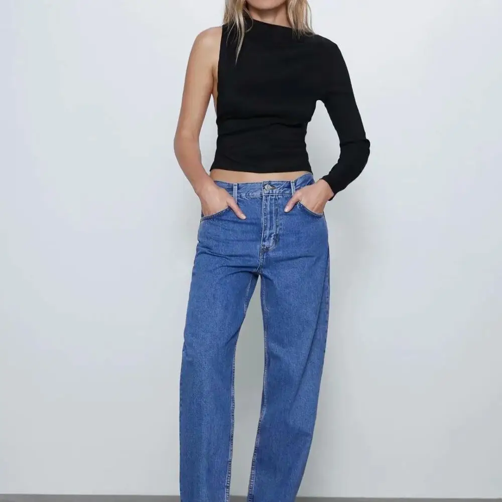 Женский Асимметричный топ Черный Повседневный Топ с высоким воротником и