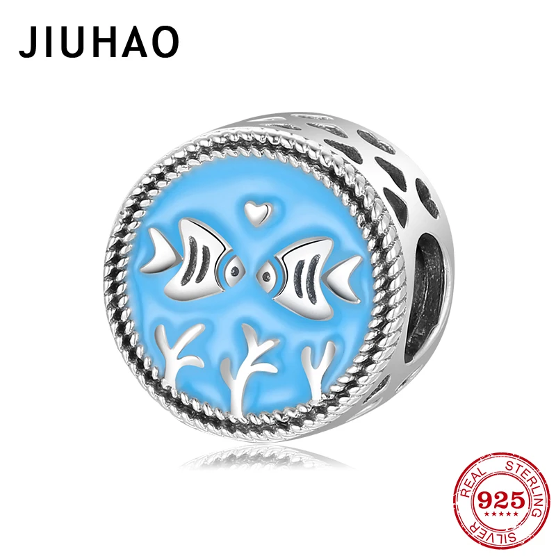 Синий океан Серия морская рыба круглая форма 925 пробы серебряный шарм для