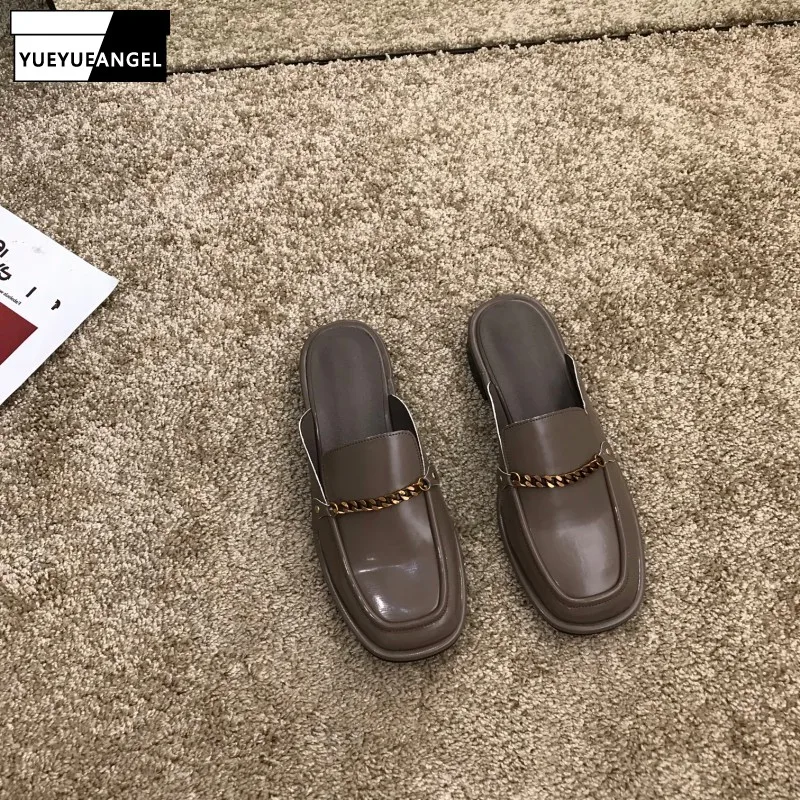 

Женские Классические Нескользящие шлепанцы, элегантные винтажные повседневные шлепанцы на плоской подошве с квадратным носком и цепочкой,...