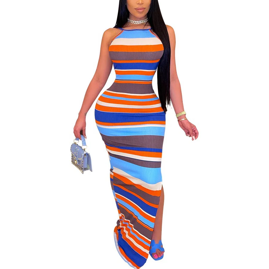 

Sexy Halter Long Dress Striped Printed Backless Bodycon Side Split Floor Length Fashion Evening Night Club Long Dress Vestidos