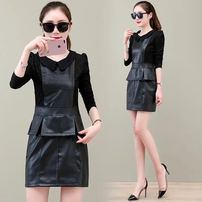 

2022 женские платья из искусственной кожи, женское черное элегантное кожаное приталенное платье с длинным рукавом, весеннее женское модное к...