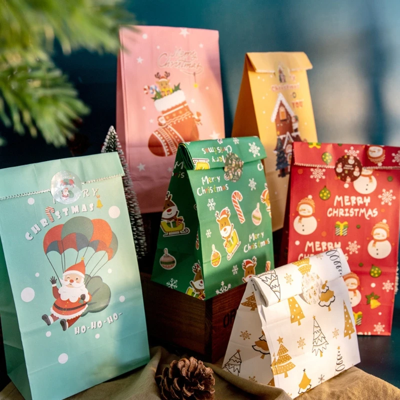 

24pcs Christmas Goody Bags Holiday Treat Bag Candy Gift Paper Bags with Seal Sticker for Classrooms Xmas Party