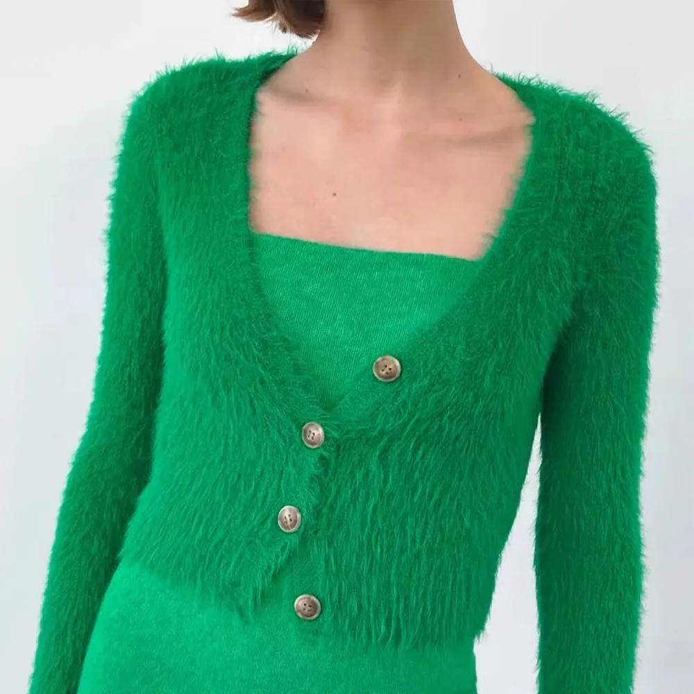 

Женский облегающий кардиган DiYiG ZA, однобортный свитер в стиле ретро с искусственным мехом и V-образным вырезом, 2021