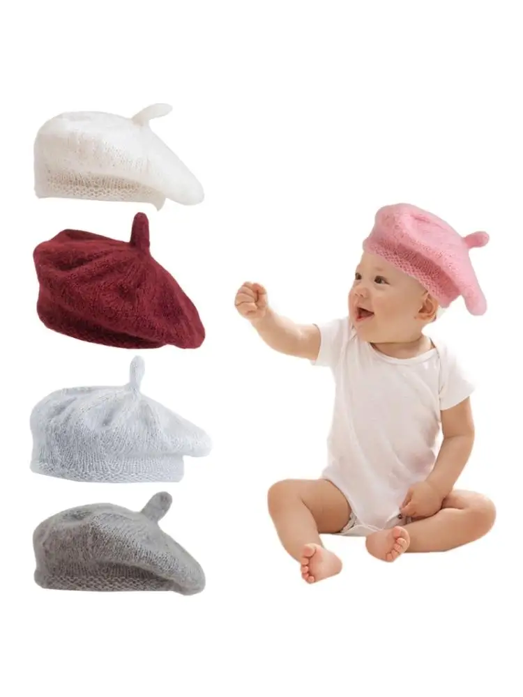 

Hand-woven Soft Mohair Beret Cap Solid Color Baby Hat Photo Shooting Accessories Newborn Photography Props